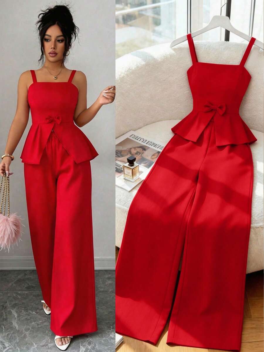 Elenzga Elegant Urban Chic New Women's Red Spaghetti Strap Bow Tie Waist Top And Wide Leg Pants Set, Suitable For Daily Wear, Weddings, Galas, Commuting, Graduation Parties, Holidays, Vacations, Dates, Parties, Halloween, Christmas, New Year, Thanksgiving - Red - View 1