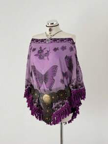 Sunspun Áo choàng Poncho kiểu dáng Boho thanh lịch mới, chất liệu chiffon nhăn, in họa tiết phối hợp, viền tua rua, thích hợp cho kỳ nghỉ Xuân/Hè/Thu. - Màu tím - Xem 5