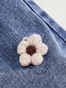 SHEIN Washed Denim Bib Pants For Baby Girls, Floral Print Loose Jumpsuit - Medium Wash - View 6
