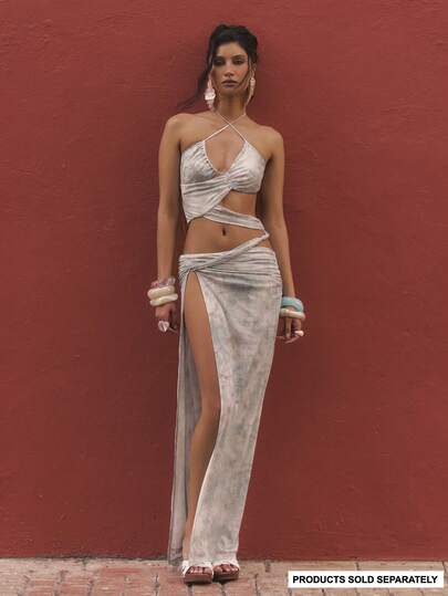 MUSERA 系带前开衩腰部开衩长裙套装，单裙适合夏季春季性感外出海滩度假蜜月