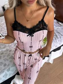 CottageSlumber Cartoon Bow Print Contrast Lace Design Comfortable Camisole & Pants Women Pajama Set - Pink - View 3