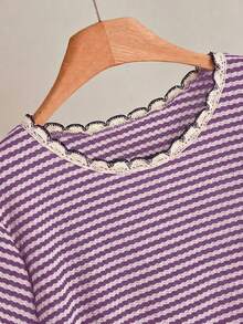 CosyJoli Áo thun nữ cỡ lớn mùa hè dáng rộng kẻ sọc cổ tròn - Bụi tím - Xem 4
