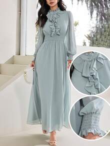 Modelyn Vestido de mujer con cuello alto, mangas raglán, volantes en el bajo y cintura ceñida, elegante para el verano - Verde - Ver 8