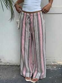 SHEIN EZwear 女款條紋夏季波西米亞度假寬腿褲，高腰亞麻條紋抽繩休閒居家長褲沙灘Y2k - 彩色 - 查看 6