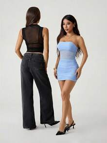 SHEIN PETITE Women's Solid Color Mesh Splicing Ruched Fitted Mini Tube Dress,Summer Dresses For Women - Baby Blue - View 6