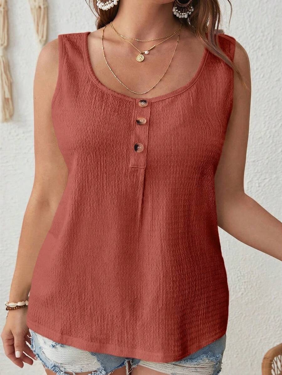 SHEIN VCAY Áo tank top không tay tối giản màu trơn cỡ lớn - Màu Hồng Dưa hấu - Xem 1