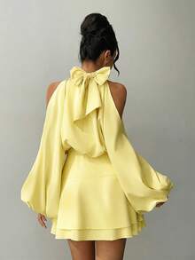 Aloruh 女士新款纯色长袖迷你连衣裙，灯笼袖A字裙，适合派对、约会、下午茶等场合，秋冬季款 - 淡黃色 - 查看 2