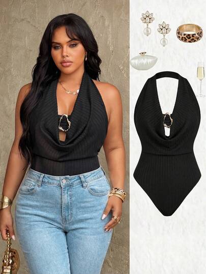 Rustia Casual Elegant Minimalist French Style Sleeveless Tie-Front Metal Decor Bodysuit, Fitted Jacquard Fabric, Summer Vacation, Plus Size Women