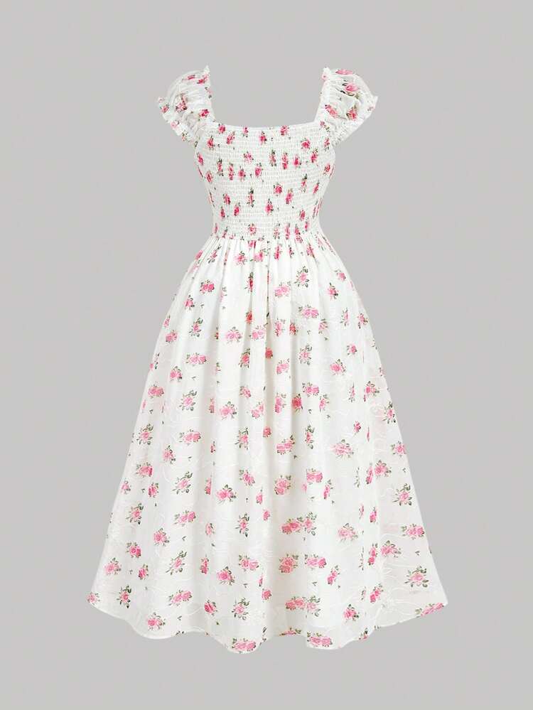 SHEIN MOD Đầm midi mùa hè tay ngắn xếp ly màu trắng in hoa thanh lịch dành cho nữ cỡ lớn - Nhiều màu - Xem 4
