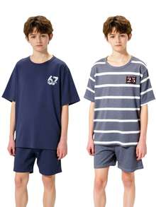 4件套青少年男童休闲纯色短袖上衣和格子短裤套装，舒适宽松家居服 - 彩色 - 查看 1