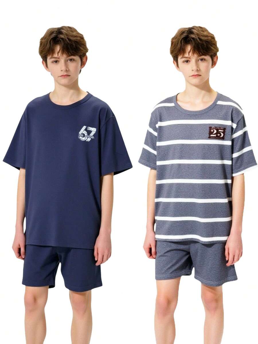 4件套青少年男童休闲纯色短袖上衣和格子短裤套装,舒适宽松家居服 - 彩色 - 查看 1