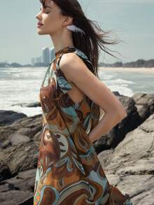 Aveloria Modichic Bohemian Style Chiffon Printed Halter Neck Tie Sleeveless Dress - Multicolor - View 5