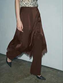 Maija 女士优雅简约纯色撞色蕾丝不对称下摆半身裙，夏季 - 棕色 - 查看 7