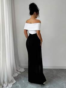 Selianne Đầm trễ vai xếp ly gợi cảm phối màu tương phản, đầm dài không tay cho nữ, đầm dự tiệc trễ vai, đầm cao cấp bán online, đầm dạ hội, đầm thanh lịch cho nữ, đầm dạ hội đen trắng cho nữ, đầm nữ - Đen và trắng - Xem 2