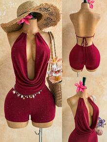 Soleia Mono de mujer con escote pronunciado y cuello halter de unicolor para vacaciones - Burdeos - Ver 2