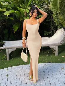 SHEIN SXY Vestido casual minimalista de talla grande con abertura en el bajo y unicolor - Albaricoque - Ver 4