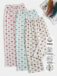 SHEIN Women Cotton 3 Pcs Multicolour Fake Drawstring Detail Leopard Heart Pattern Long Homewear Comfort Casual Sleep Bottom Set - Multicolor - View 1