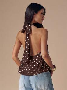 SHEIN BAE Top corto sexy con cuello de halter y espalda descubierta a lunares en blanco y negro, adecuado para festivales de música y vacaciones - Café integral - Ver 2