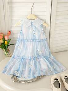 SHEIN 1 chiếc đầm hè mới cho bé gái, cổ áo thêu, phối họa tiết hoa, chất liệu chiffon, màu xanh dương, kiểu dáng tối giản, đa năng, dễ thương, thích hợp cho học sinh, đi biển, dáng rộng. - Màu xanh lam - Xem 2