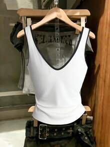 Franclia Women's White And Black Summer Seksi Chic Night Out Contrast Color V-Neck Hollow Out Sleeveless Tight Vest,Elastic Knitted Slim Fit Base Layer - White - View 2