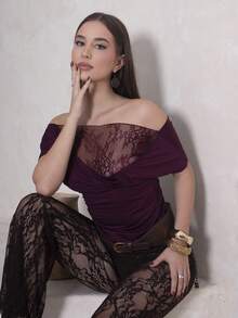 Duda Rubert Quần ống loe cạp cao bằng ren dệt kim đi nghỉ dành cho nữ, quần xuyên thấu, phong cách thanh lịch, gợi cảm, đi chơi đêm, đi chơi, trang phục Halloween, thu đông - Cà phê nâu - Xem 6