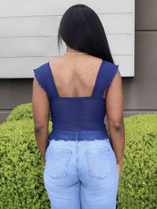 Steph T Top corto casual con escote en la espalda, manga corta, ajustado, de malla y parches, con pliegues en la parte delantera, para vacaciones - Azul Marino - Ver 2