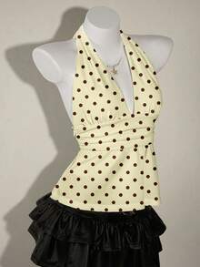 SHEIN ICON 95%纯棉女士露背吊带深V领褶皱A字露背吊带衫，Y2K风格，适合度假、海滩、锐舞派对、夏威夷风情、海岛度假、春夏等各种场合，性感可爱，充满椰林女孩的波西米亚风情，适合音乐节、海岛女孩复古风、海滨度假、浪漫度假风，波点印花 - 彩色 - 查看 6