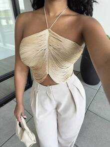 Alexandranx 流蘇領口婚禮季優雅女士背心上衣 - 卡其色 - 查看 4