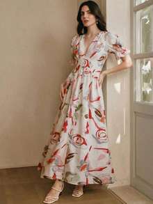 Anewsta Elegant Fitted Beach Style Random Floral Print Dress, Suitable From Spring To Summer, Valentine's Day Outfits For Women, Dresses Pink - Multicolor - View 4