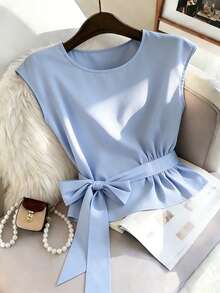 GlowEve 新款圆领侧褶皱系带优雅休闲通勤百搭女式衬衫 - 藍色 - 查看 4