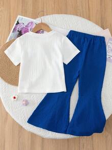 2pcs/Set Girls (Small) Pink Knit Short Sleeve Bow T-Shirt Top And Denim Flare Pants With Pockets, Casual Daily Sweet Summer Young Girl Outfit - Blue - View 2