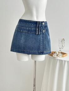 Elamini Women's Casual Denim Skirt With Button Waist Design - Medium Wash - View 4