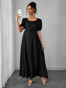 SHEIN Asymmetric Shoulder Ruched Waist A-Line Elegant Romantic Maternity Dress, Comfortable - Black - View 6