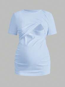 Modmama 3pcs/Set Pregnant Women Solid Color Ruched Nursing Function Casual Daily Short Sleeve Tops - Baby Blue - View 8