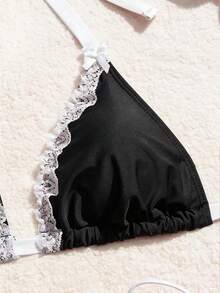 Swim Mod Plus Size Women's Multi-Color Spaghetti Strap Lace Trim Tankini Swimsuit 2 Pieces Set - Black - View 3