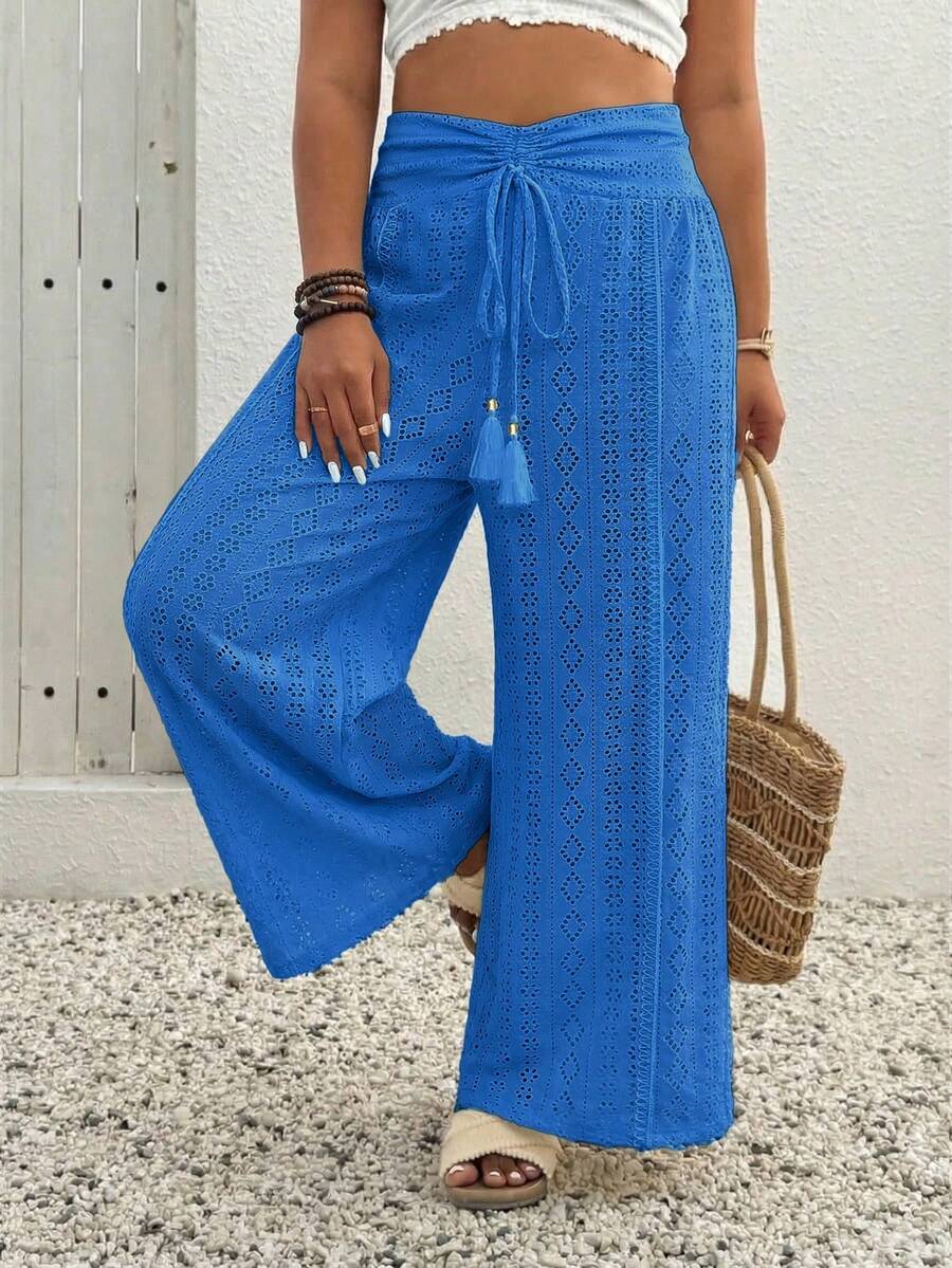 SHEIN Clasi 加大码提花面料抽绳腰侧开衩度假裤 - 寶藍色 - 查看 1