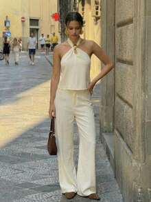 Aloruh 女士新款亚麻质感宽松阔腿裤套装/夏季套装/杏色亚麻质感两件套/度假两件套 - 杏色 - 查看 5