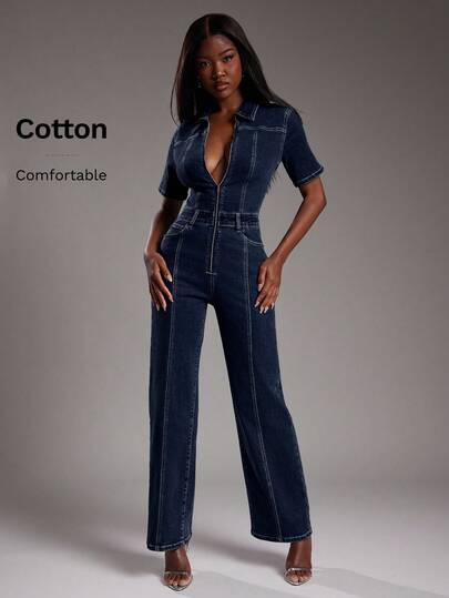 NYA SZN Denim Short Sleeve Jumpsuit Fitted Constrast Stitch Everyday Casual Teacher Concert Festival Business Casual Cotton Summer Outfits For Women