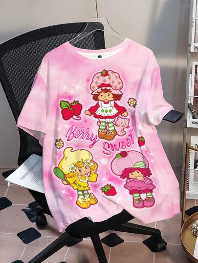 Strawberry Shortcake X SHEIN Camiseta de manga corta casual y versátil con estampado de dibujos animados para mujer de talla grande