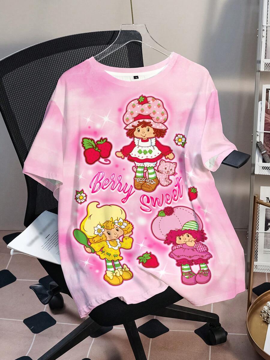 Strawberry Shortcake X SHEIN Áo thun ngắn tay in hình hoạt hình cỡ lớn dành cho nữ, kiểu dáng thường ngày, đa năng. - trắng - Xem 1