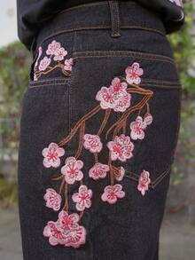 LEOGASHI LEOGASHI Men's Street Fashion Casual Plaid Embroidered Floral Design Straight Leg Wide Leg Jeans Baggy Jeans With Design Valentine's Day Y2k Spring To Summer - Black - View 3