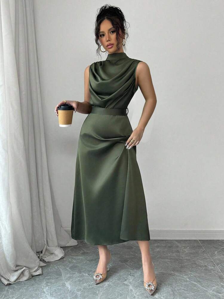 SHEIN Elenzya Women's Elegant Green Stand Collar Pleated Waist Sleeveless Flared Midi Dress, Spring And Summer - Green - View 3