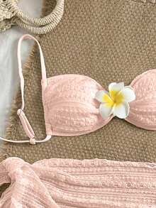 Swim Mod 女士提花面料芙蓉花装饰露背性感比基尼三件套，适合海滩和度假 - 粉色 - 查看 5