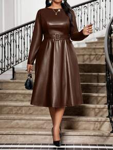 SHEIN Lady Váy chữ A cổ tròn chất liệu vải PU màu đỏ rượu vang thời trang thu đông cỡ lớn có thắt lưng cỡ lớn - Màu nâu  Mocha - Xem 6