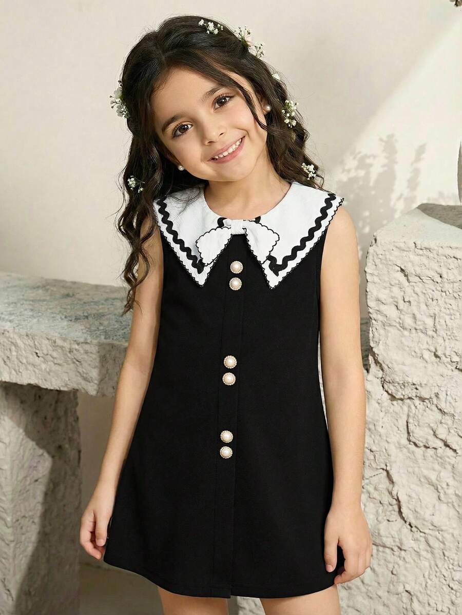 Elladie kids Girls' Elegant Sweet Lady Style Ruffle Trim Square Bow Collar Pearl Button Sleeveless Dress, Suitable For Spring/Summer Party & Gathering - Black and White - View 1