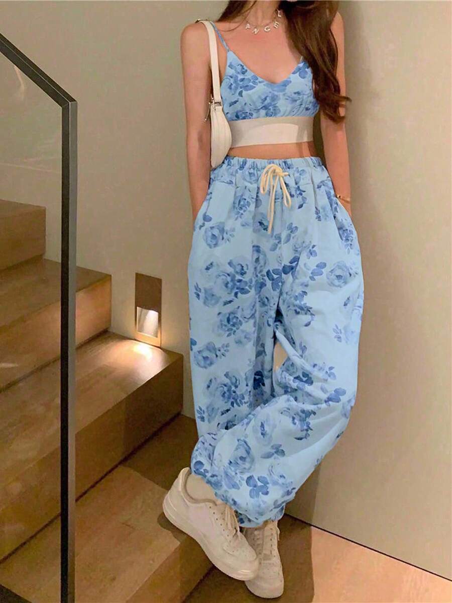 Pariaura Petite 女款淺藍色花卉拼接細肩帶短版背心與抽繩腰寬腿褲兩件套,夏季休閒日常春季穿搭,適合嬌小女性 - 藍色 - 查看 1