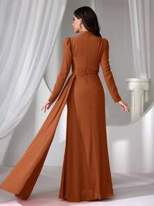 Coutiva 女士立领仿珍珠长款晚礼服 - 棕色 - 查看 2