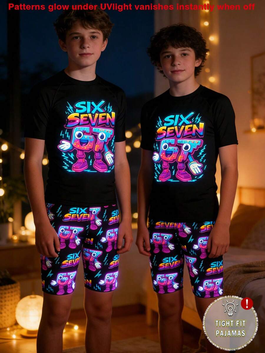 男童夜光闪电印花睡衣套装，包括圆领上衣和紧身短裤，2 件/套（需紫外线照射） - 黑色 - 查看 1