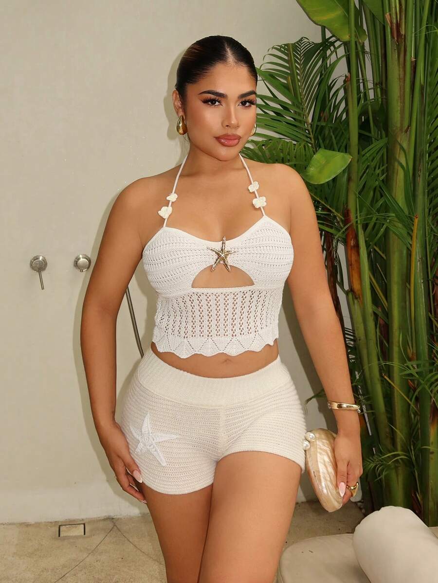 Maria Perezxox 钩编海星纹理粉色针织短裤 - 米色 - 查看 1