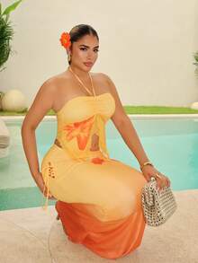 Maria Perezxox 新款波西米亚热带度假风优雅无肩带印花网纱露脐上衣和百褶裙两件套，适合海滩婚礼、毕业典礼、早午餐、圣帕特里克节、春假、复活节、音乐节等场合。 - 橘色 - 查看 1